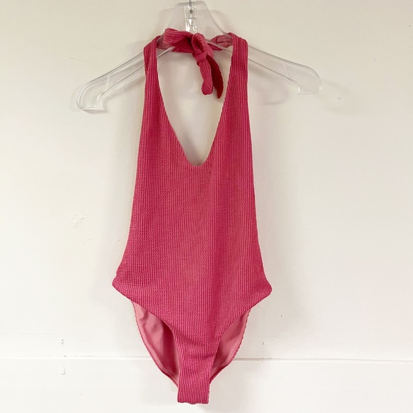 Veronica Beard Salis swimsuit one piece pink textured deep V Halter Tie Size XS - Picture 6 of 15